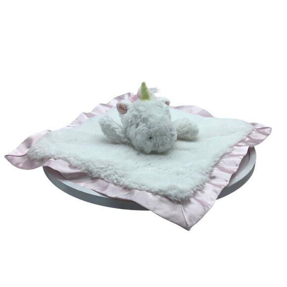 Cloud Island Unicorn Lovey Security Blanket Plush White Pink Satin Trim 14”x14” - Picture 1 of 8